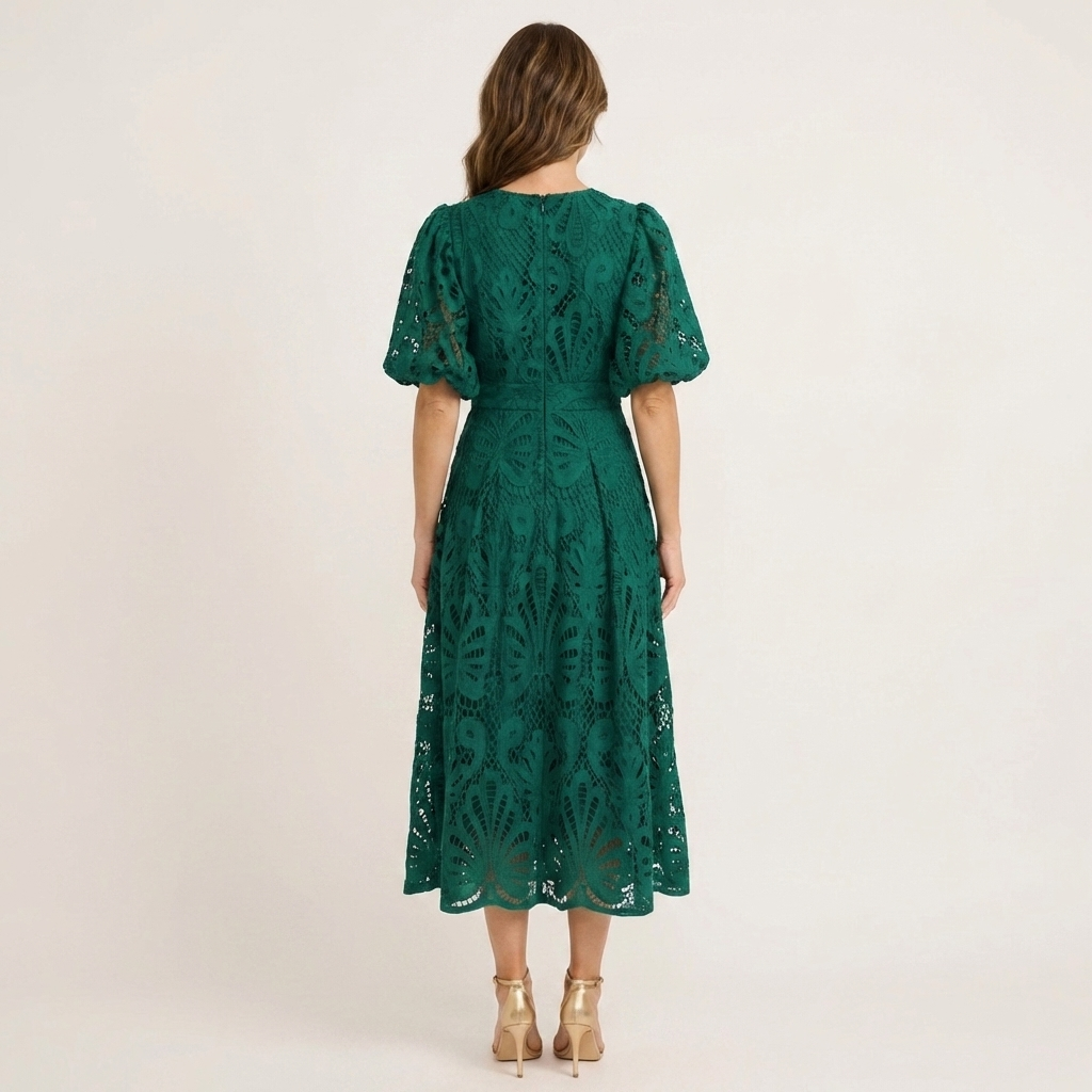 Lenora | Puff-Sleeve Lace Midi Dress with Cinched Waist