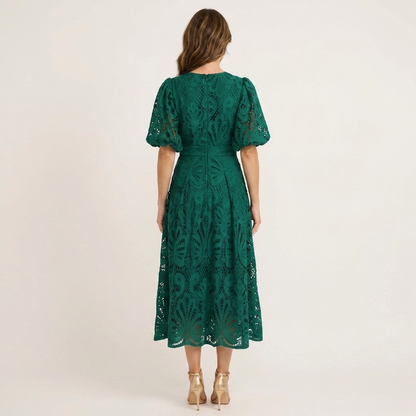 Lenora | Puff-Sleeve Lace Midi Dress with Cinched Waist