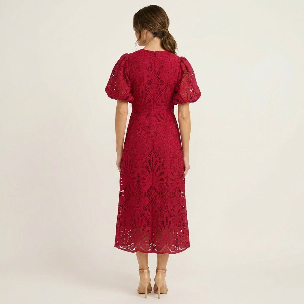 Lenora | Puff-Sleeve Lace Midi Dress with Cinched Waist