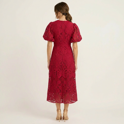 Lenora | Puff-Sleeve Lace Midi Dress with Cinched Waist