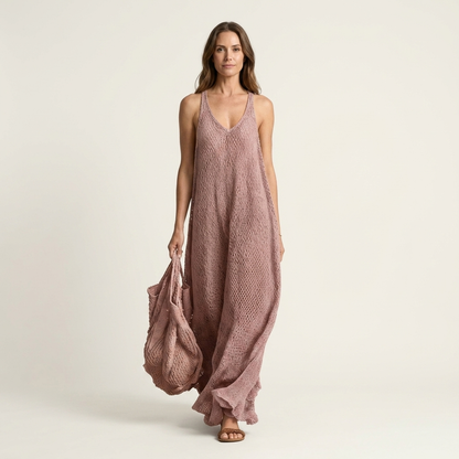 Lora | Open-Knit V-Neck Spaghetti-Strap Maxi Dress