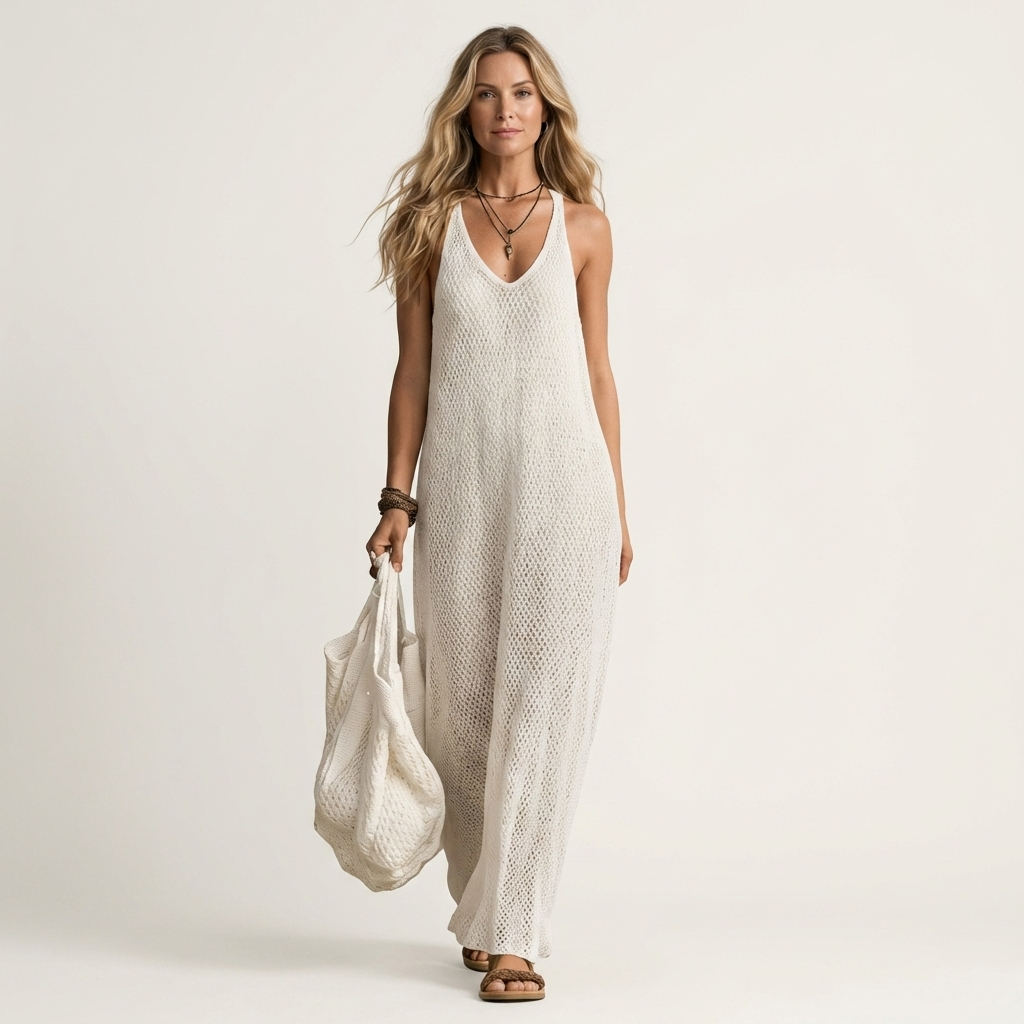 Lora | Open-Knit V-Neck Spaghetti-Strap Maxi Dress