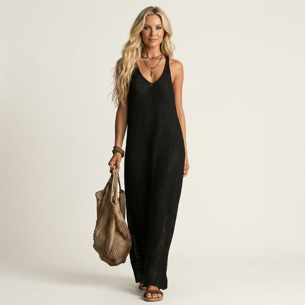 Lora | Open-Knit V-Neck Spaghetti-Strap Maxi Dress