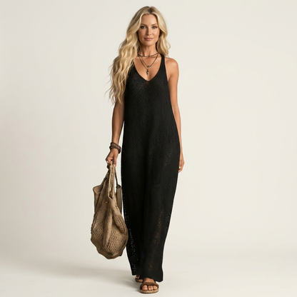 Lora | Open-Knit V-Neck Spaghetti-Strap Maxi Dress