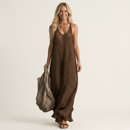 Lora | Open-Knit V-Neck Spaghetti-Strap Maxi Dress