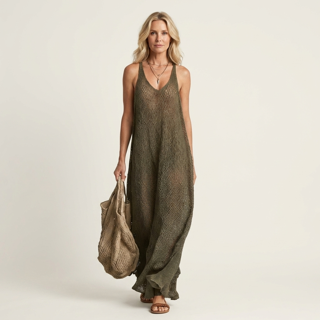 Lora | Open-Knit V-Neck Spaghetti-Strap Maxi Dress
