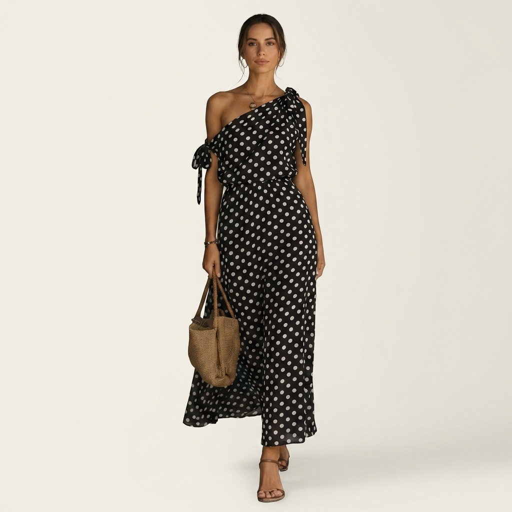 Yolanda | One-Shoulder Tie-Detail Polka Dot Maxi Dress