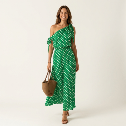 Yolanda | One-Shoulder Tie-Detail Polka Dot Maxi Dress