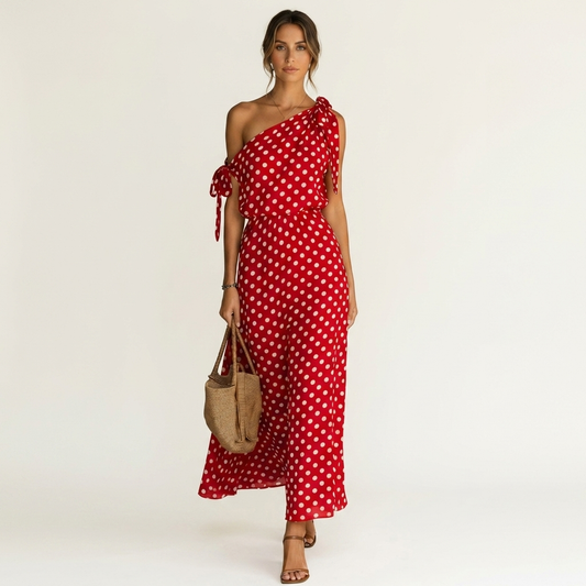 Yolanda | One-Shoulder Tie-Detail Polka Dot Maxi Dress