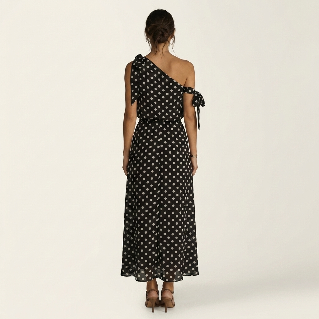 Yolanda | One-Shoulder Tie-Detail Polka Dot Maxi Dress