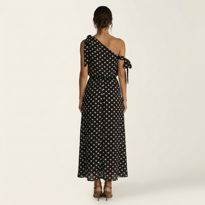Yolanda | One-Shoulder Tie-Detail Polka Dot Maxi Dress