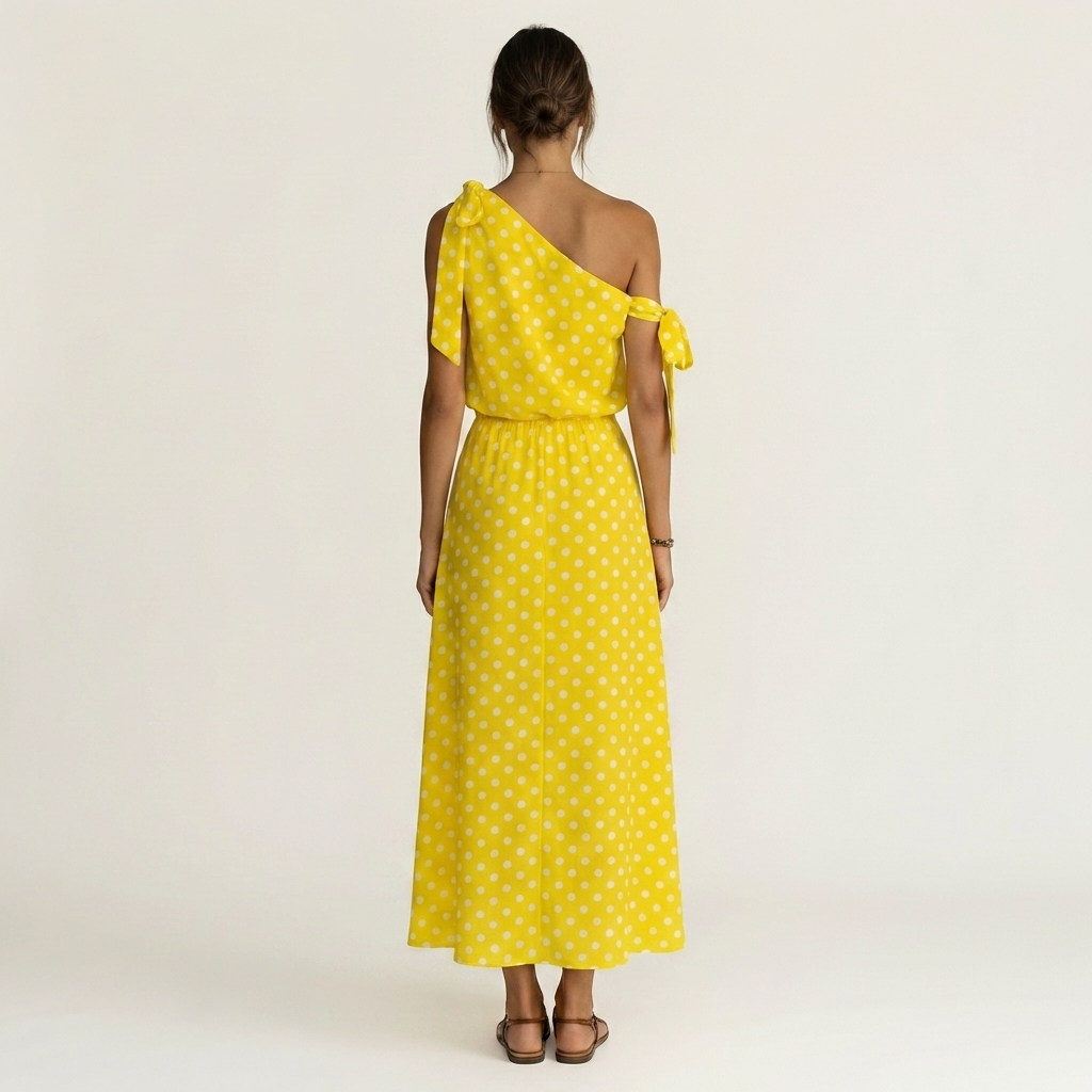 Yolanda | One-Shoulder Tie-Detail Polka Dot Maxi Dress
