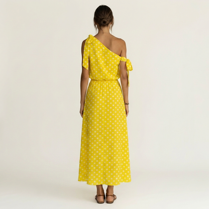 Yolanda | One-Shoulder Tie-Detail Polka Dot Maxi Dress