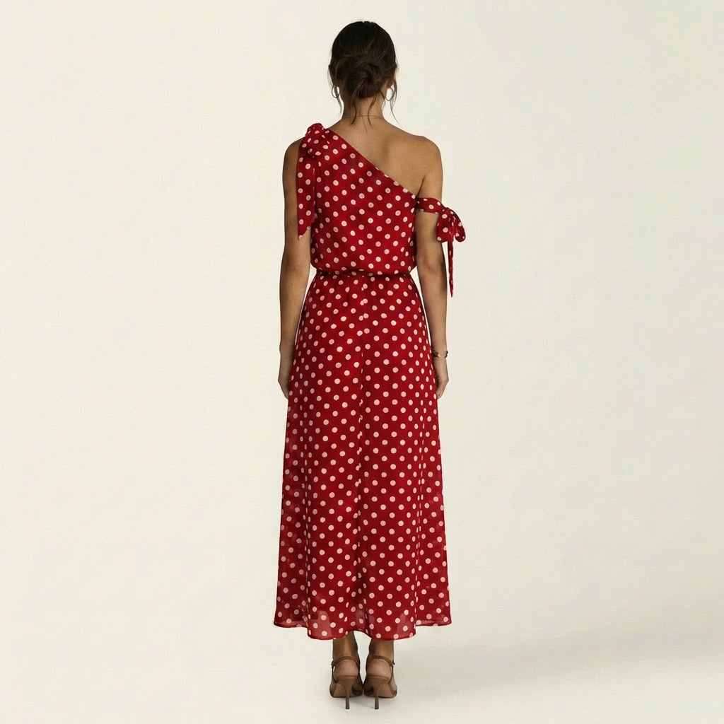 Yolanda | One-Shoulder Tie-Detail Polka Dot Maxi Dress