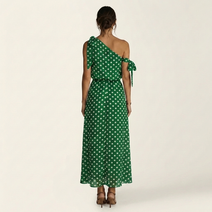 Yolanda | One-Shoulder Tie-Detail Polka Dot Maxi Dress