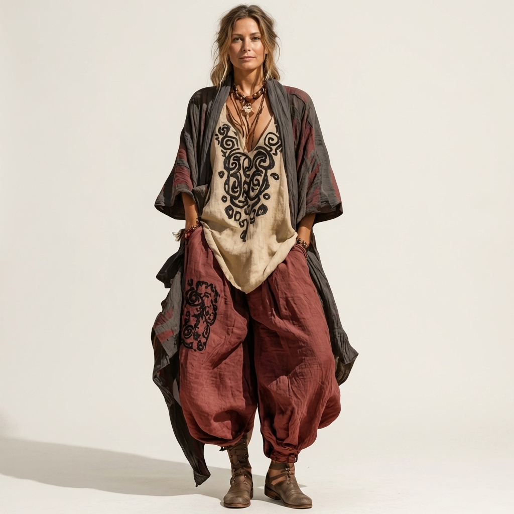 Abelina | Tribal Embroidered Top, Harem Pant & Kimono Three-Piece Set