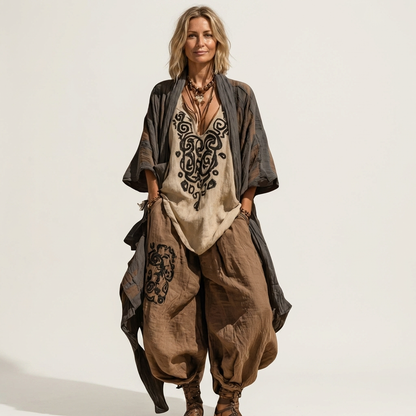 Abelina | Tribal Embroidered Top, Harem Pant & Kimono Three-Piece Set