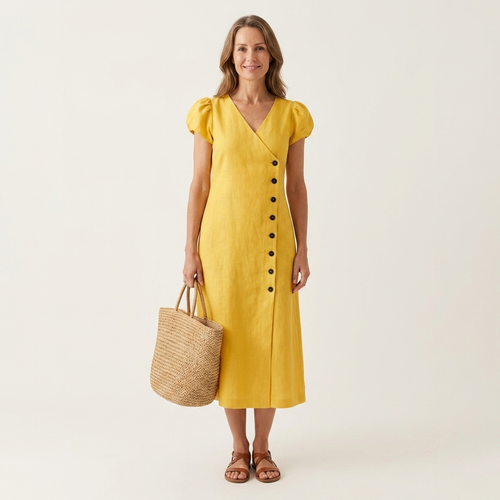 Arelina | V-Neck Puff-Sleeve Asymmetric Button Midi Dress