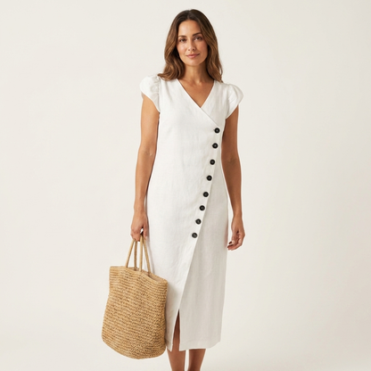 Arelina | V-Neck Puff-Sleeve Asymmetric Button Midi Dress