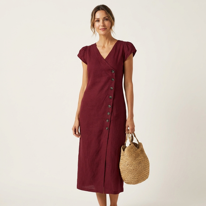 Arelina | V-Neck Puff-Sleeve Asymmetric Button Midi Dress