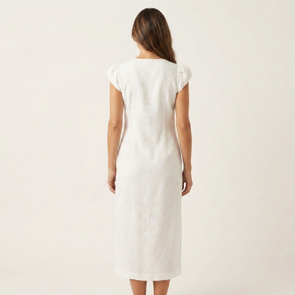 Arelina | V-Neck Puff-Sleeve Asymmetric Button Midi Dress