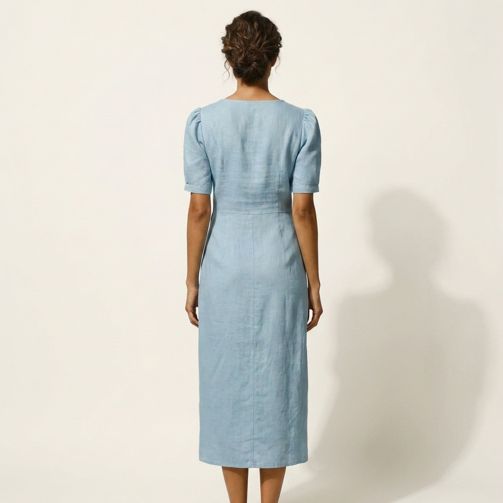Arelina | V-Neck Puff-Sleeve Asymmetric Button Midi Dress