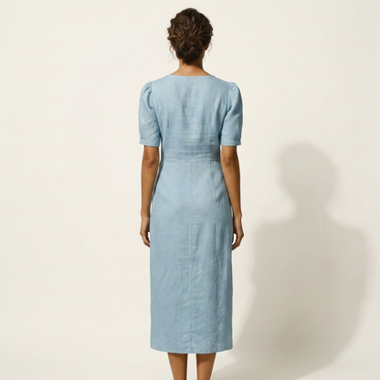 Arelina | V-Neck Puff-Sleeve Asymmetric Button Midi Dress