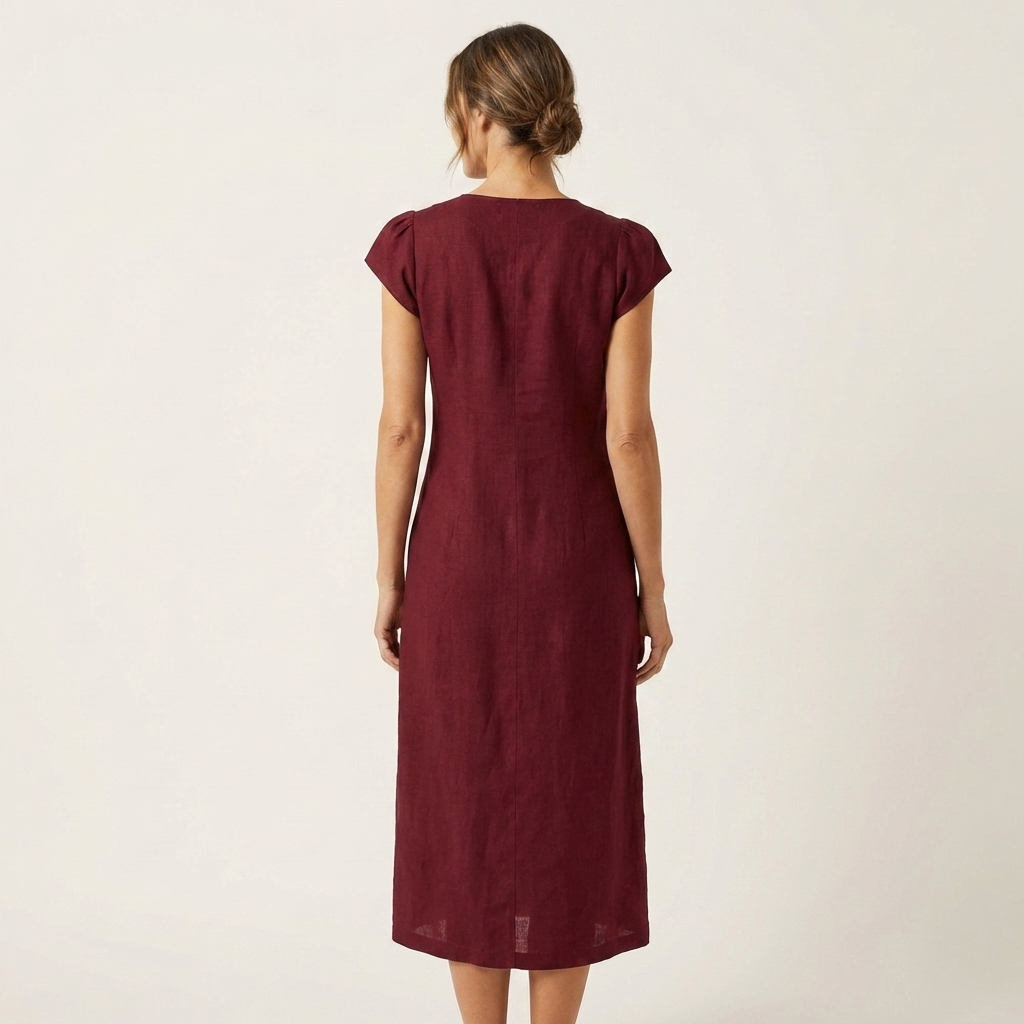 Arelina | V-Neck Puff-Sleeve Asymmetric Button Midi Dress
