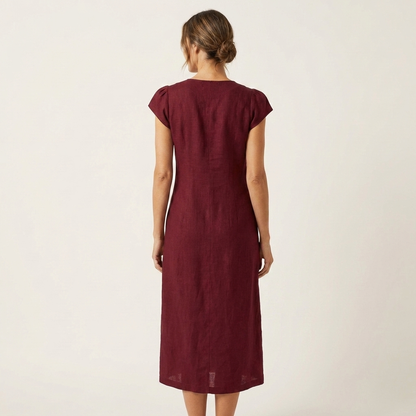 Arelina | V-Neck Puff-Sleeve Asymmetric Button Midi Dress