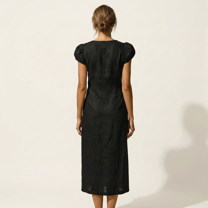 Arelina | V-Neck Puff-Sleeve Asymmetric Button Midi Dress