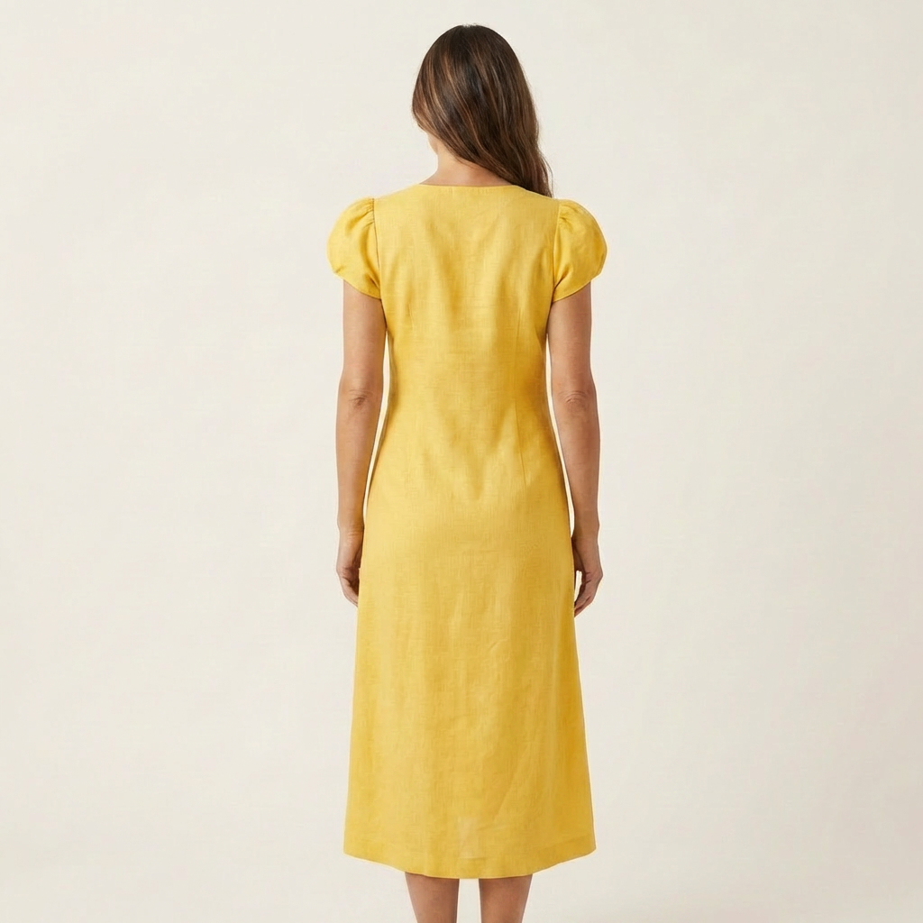 Arelina | V-Neck Puff-Sleeve Asymmetric Button Midi Dress