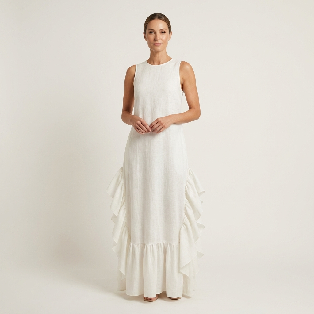 Carinella | Sleeveless Crew-Neck Sculptural Ruffle Hem Maxi Dress
