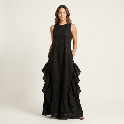 Carinella | Sleeveless Crew-Neck Sculptural Ruffle Hem Maxi Dress