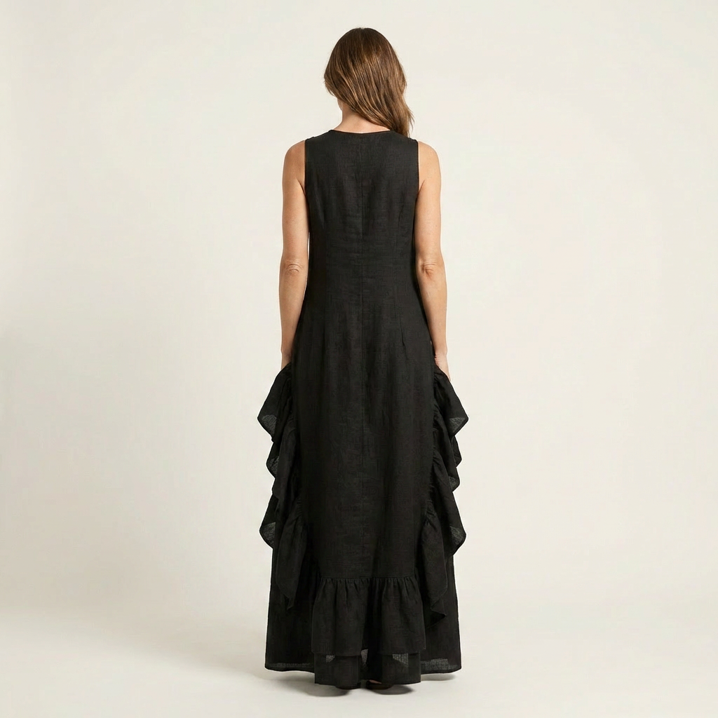 Carinella | Sleeveless Crew-Neck Sculptural Ruffle Hem Maxi Dress