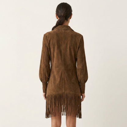 Annelise | Lapel-Collar Fringe-Trim Faux Suede Long-Sleeve Mini Dress